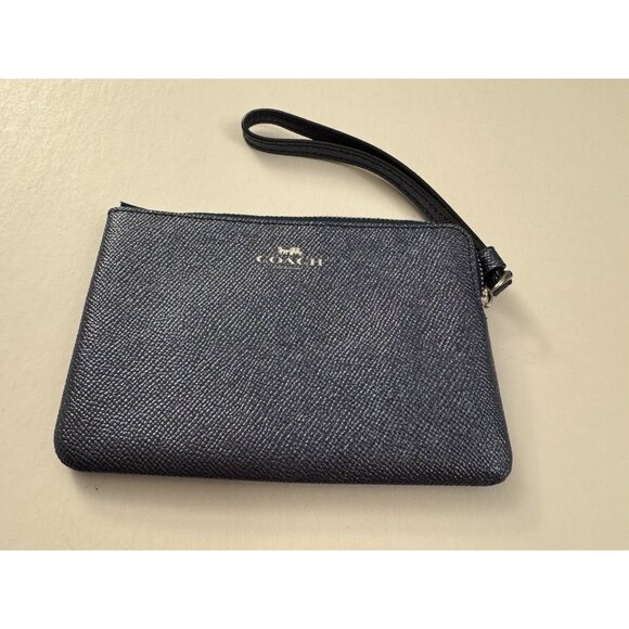 COACH Metallic Denim Dark Blue Corner Zip Wristlet Pouch Wallet OC30 - Picture 1 of 4